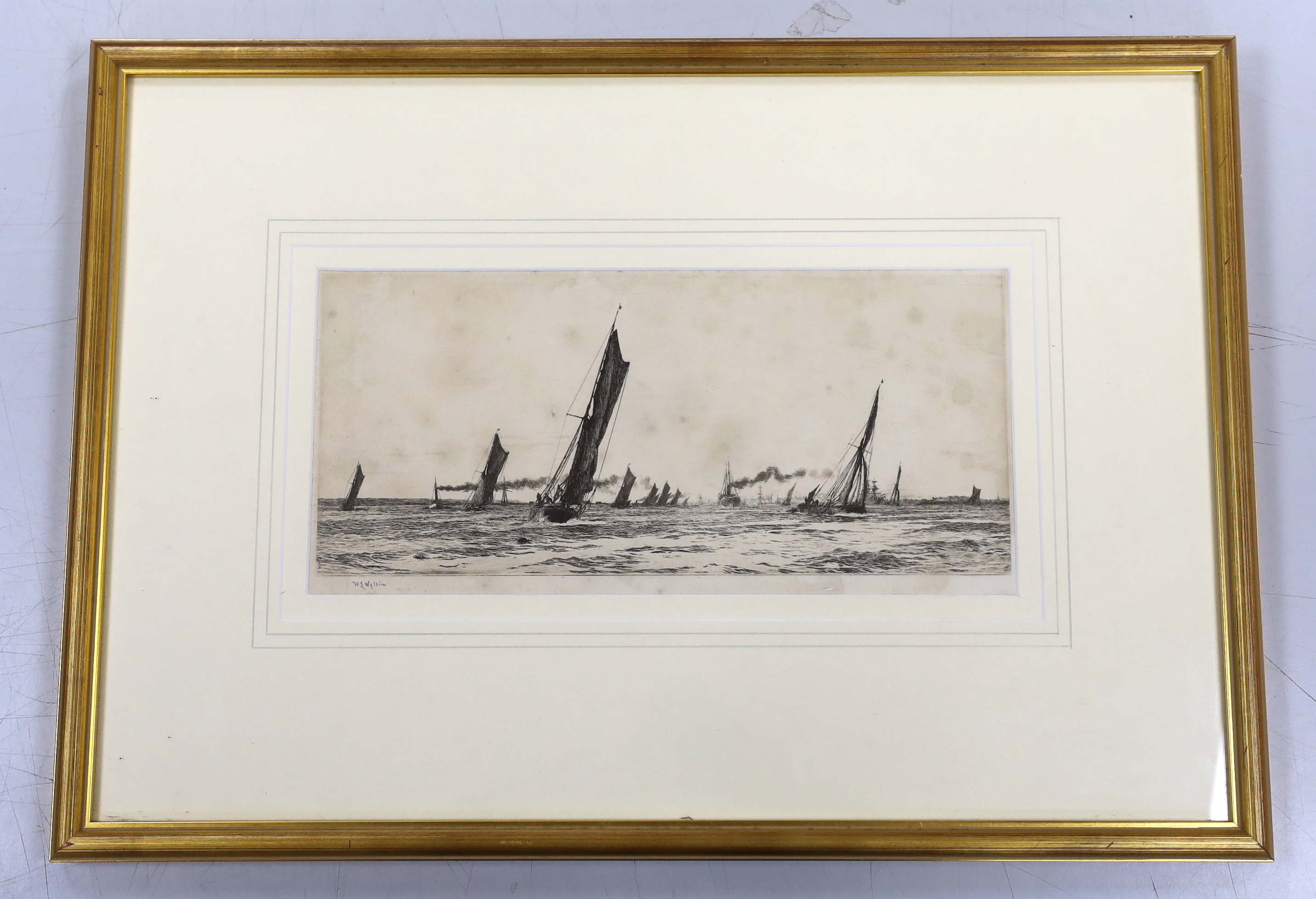 William Lionel Wyllie RA (1851-1931), etching, ‘A Fair Wind and an Ebb Tide’, signed in pencil, inscribed gallery label verso, 16 x 34cm